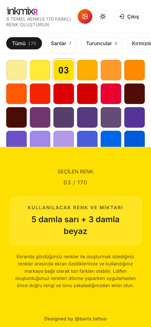 iPhone'da inkmixR üye alanı: üstte renkler, altta seçilen rengin reçetesi
